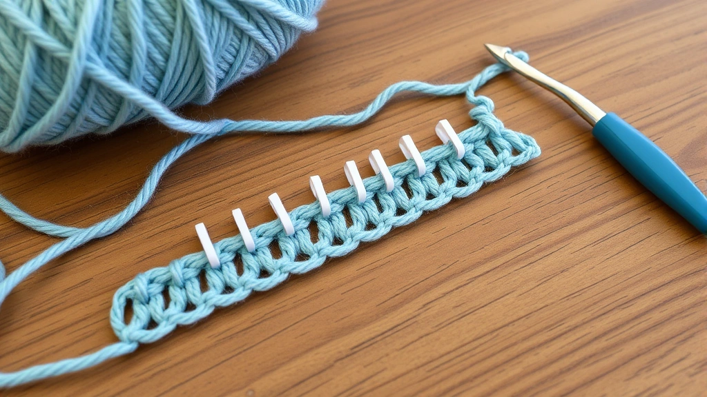 Foundation chain in progress with stitch markers placed every ten chains, dusty blue yarn on wooden table, crochet hook resting nearby, organized crafting setup visible