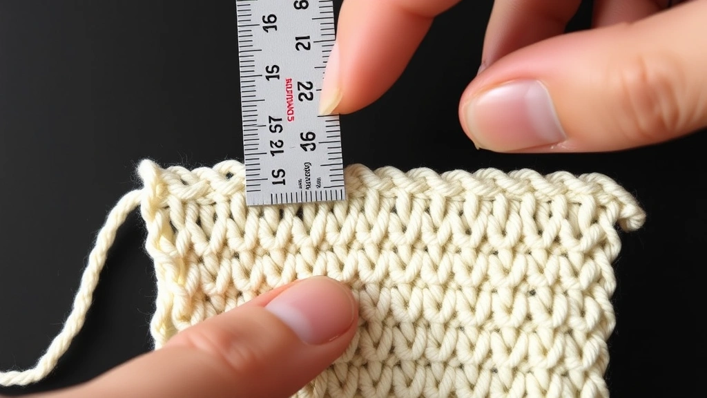 Close-up of gauge swatch being measured with ruler, single crochet stitches in cream yarn, hands positioning measurement tool, bright even lighting, precise crafting detail