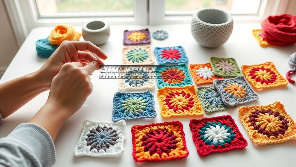 Hands measuring completed granny squares with ruler on white table, various colorful squares laid flat, natural window lighting, crafting workspace setup visible