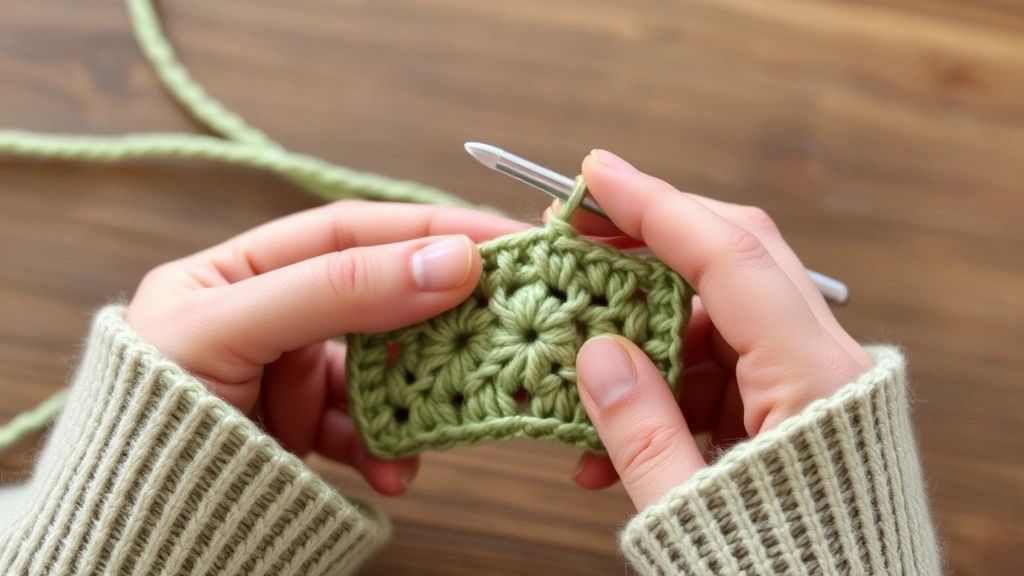 Close-up of hands crocheting granny square with consistent tension, sage green yarn and aluminum hook, focused on proper grip technique, soft natural lighting