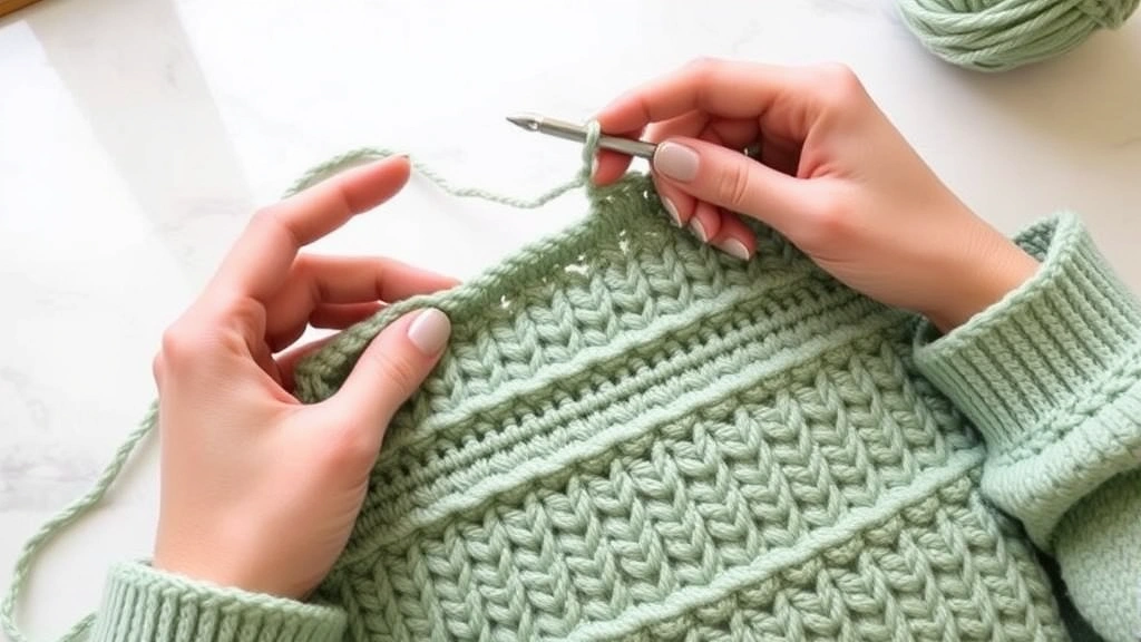 Hands crocheting sage green worsted weight yarn in double crochet stitch, aluminum hook visible, white marble countertop, soft natural window lighting, sweater back panel in progress