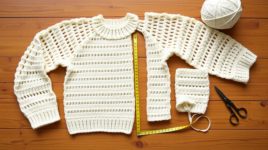 Flat lay of crocheted sweater pieces in cream colored yarn on wooden table, front panel, back panel and sleeves arranged neatly, measuring tape and scissors nearby, bright overhead lighting