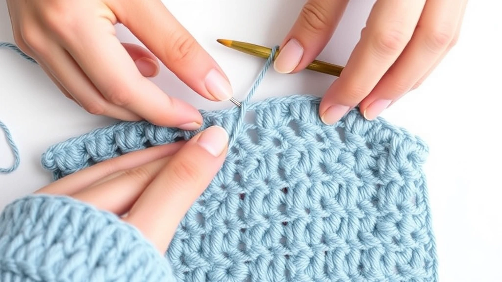 Close-up of hands seaming two pieces of dusty blue crocheted fabric together using mattress stitch, yarn needle visible, clean white background, detailed stitch work clearly shown