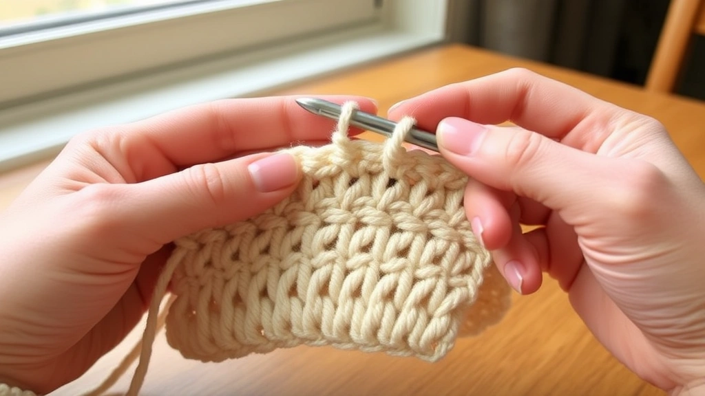 Close-up hands demonstrating half double crochet technique with cream worsted yarn, aluminum hook visible, three loops on hook, natural window lighting, wooden table surface