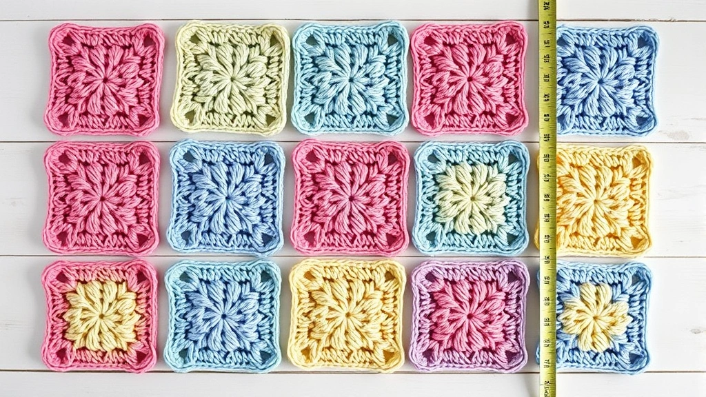 Overhead view of multiple completed granny squares in soft pastels laid flat on white wooden table, measuring tape alongside showing uniform sizing, natural daylight