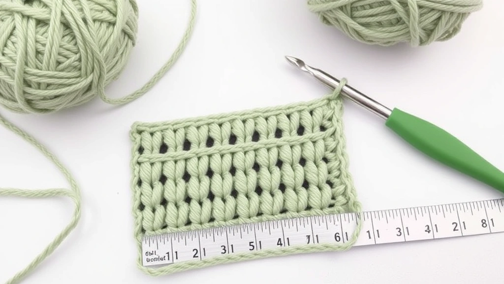 Finished half double crochet swatch in sage green yarn showing even stitch definition, measuring tape alongside, craft workspace with hook and yarn ball background