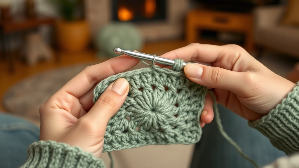 Close-up hands crocheting granny square with sage green yarn and silver aluminum hook, showing proper tension and stitch formation, cozy living room background
