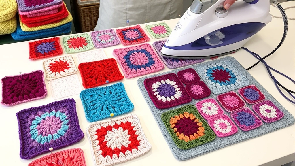 Collection of blocked granny squares pinned to foam blocking mats, steam iron hovering above, demonstrating professional finishing technique, craft room setting