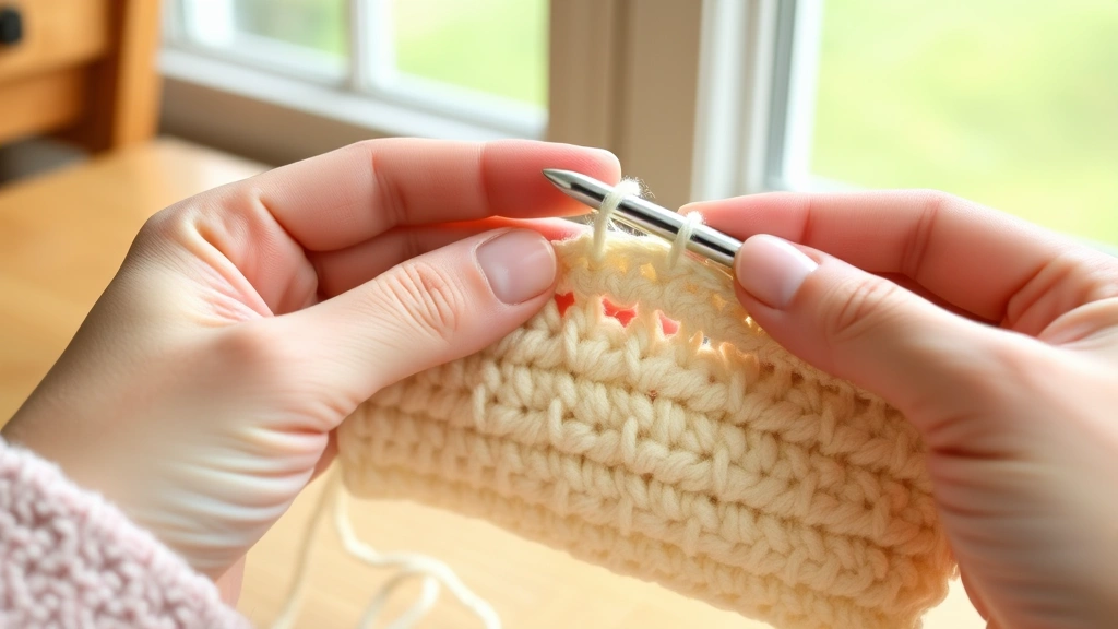 Close-up hands demonstrating single crochet technique with cream worsted yarn, natural window light, wooden table surface, hook inserting through stitch loops clearly visible
