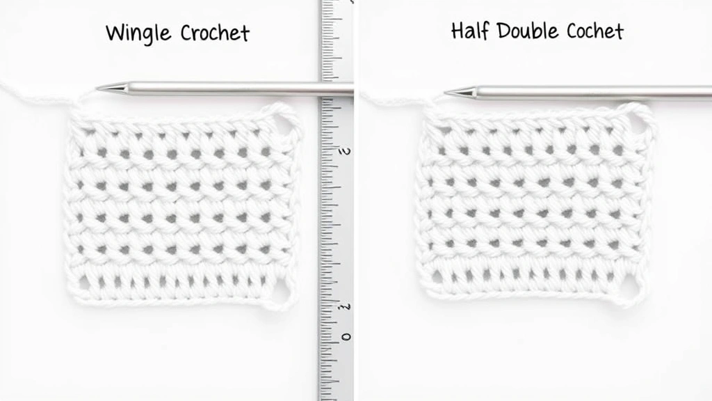 Side-by-side comparison swatches of single crochet and half double crochet in same white yarn, measuring ruler visible, clean white background, natural lighting