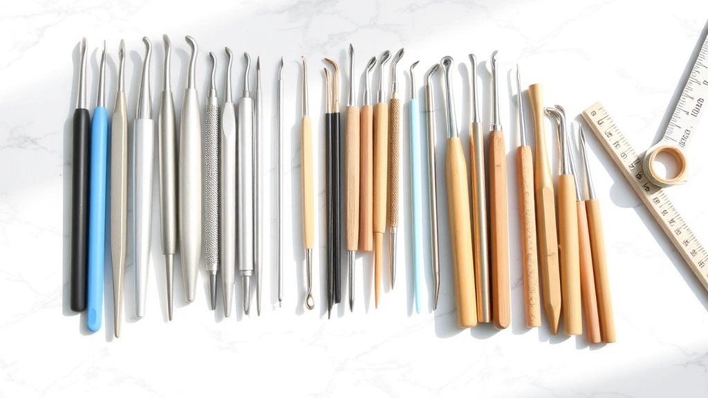 Collection of various crochet hooks in different sizes arranged on white marble surface, aluminum and bamboo materials, natural daylight, clean organized layout with measuring gauge nearby