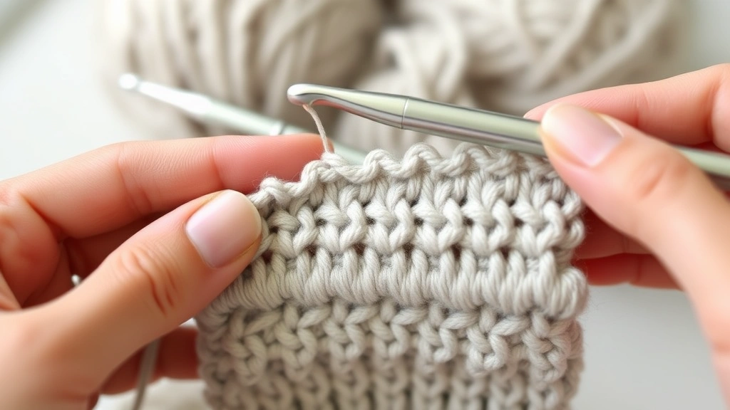 Close-up hands crocheting gauge swatch with worsted weight yarn, 5mm aluminum hook visible, soft natural lighting, work in progress showing even stitches and measuring ruler