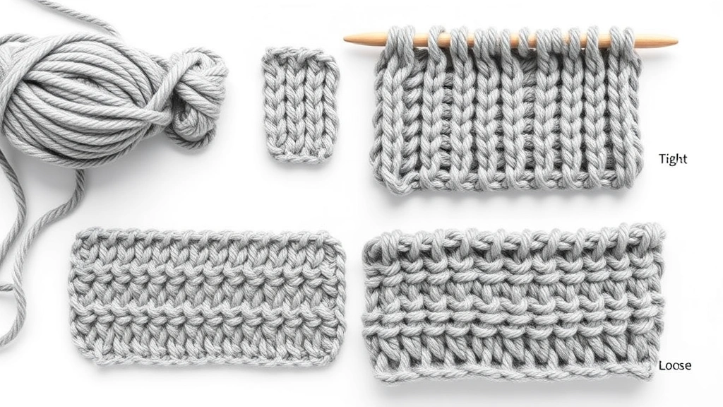 Comparison of fabric swatches made with different hook sizes, same gray yarn, varying textures from tight to loose, bright studio lighting, educational layout on clean background