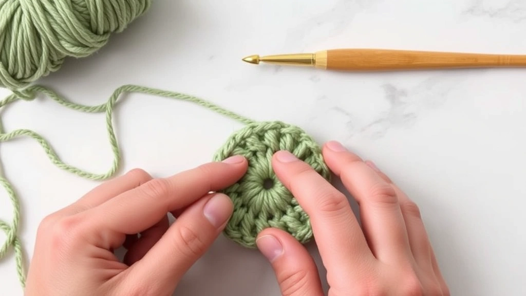 Hands working first round of granny square in sage green yarn, 5.5mm bamboo hook, natural lighting, white marble surface, magic ring technique visible