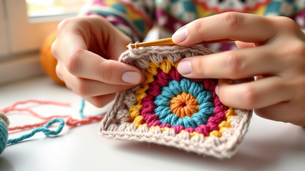 Close-up of hands crocheting a colorful granny square with worsted weight yarn, wooden hook visible, natural window light, craft table setting, partially completed square showing corner details