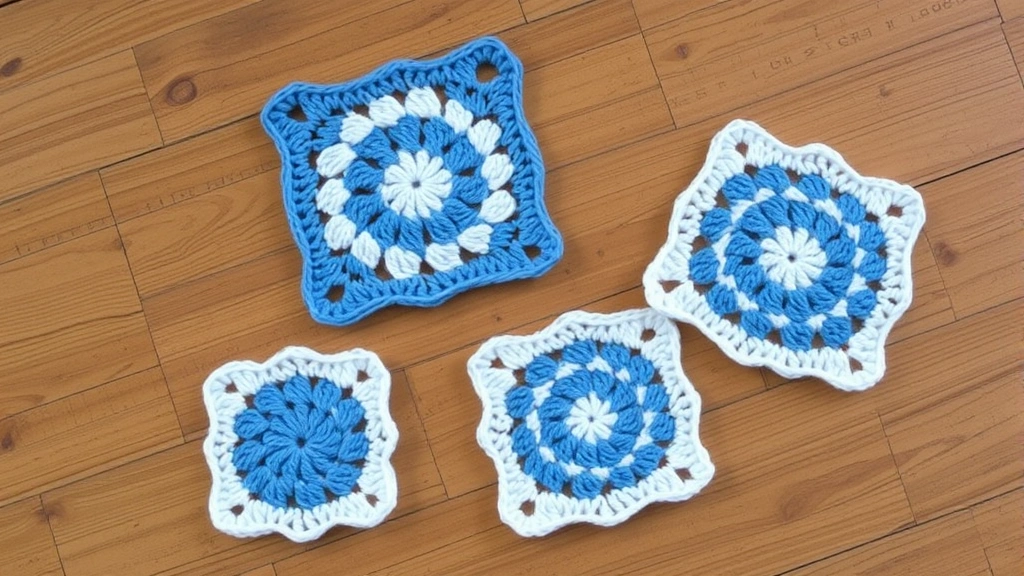 Four completed granny squares in coordinating blues and whites arranged on rustic wooden table, soft morning light, different sizes showing progression