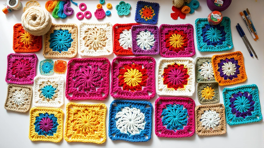 Flat lay of completed granny squares in various colors arranged on white surface, showing different sizes and color combinations, soft natural lighting, crafting supplies nearby