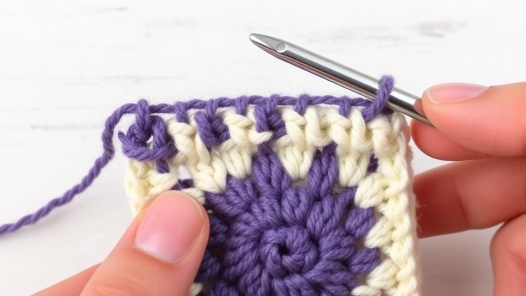 Close-up of color change technique in granny square, purple to cream yarn transition, fingers holding both colors, clean workspace background