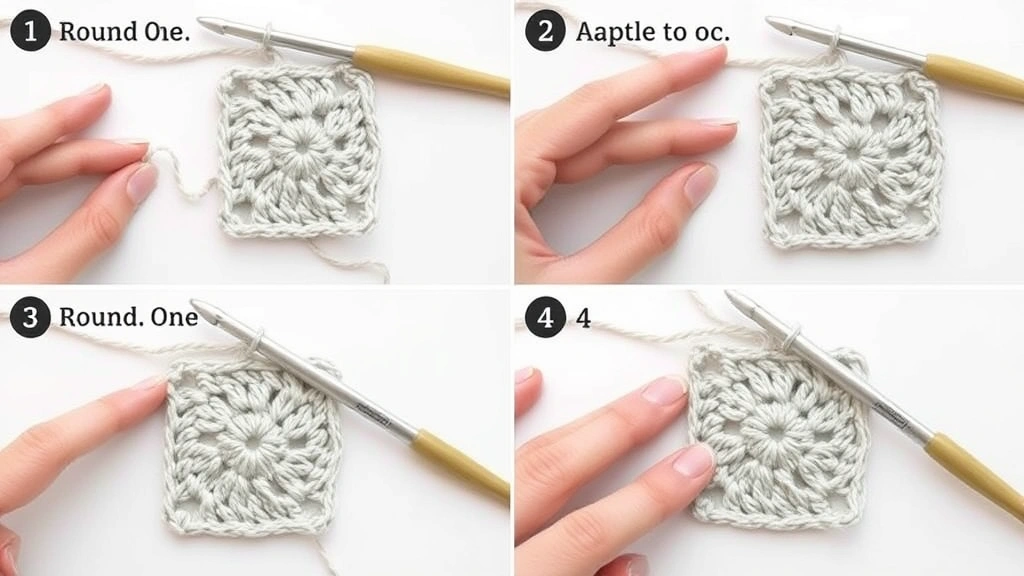Step-by-step progress shots of granny square rounds one through four, same yarn and hook, clean white background, each round clearly visible and properly shaped