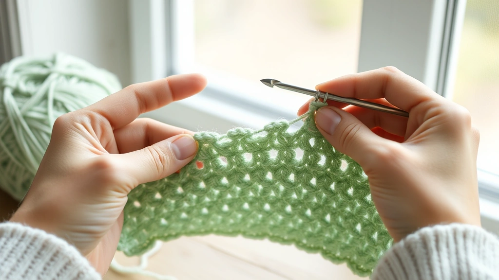 Close-up hands crocheting sage green single crochet corner, white cotton yarn, natural window light, wooden table surface, three stitches visible in corner space, cozy crafting atmosphere