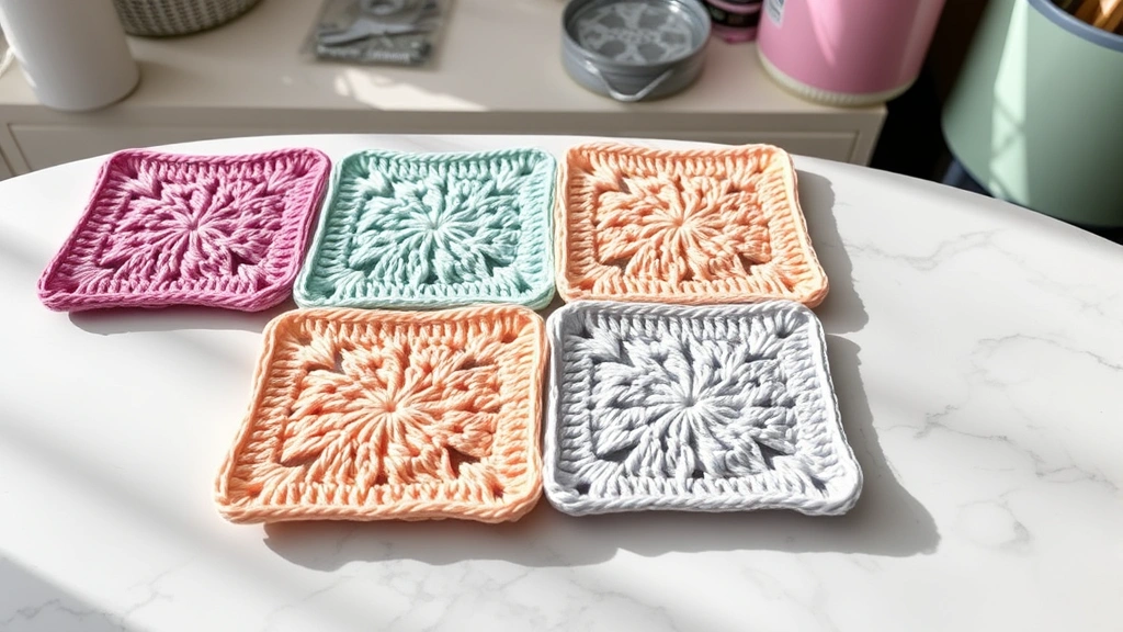 Four completed granny squares in pastel colors arranged on marble surface, soft natural lighting, showing perfect corner definition and even stitches, crafting workspace background