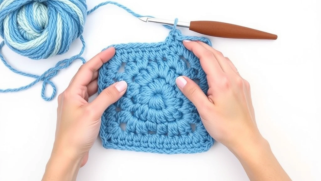 Overhead view of granny square corner being worked, variegated blue yarn, aluminum hook, chain-2 space clearly visible, hands positioning for double crochet cluster, clean white background