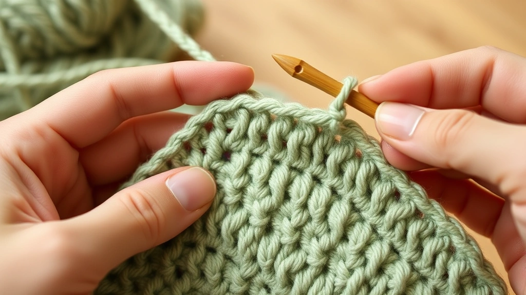 Close-up of hands working corner cluster stitches in sage green yarn, bamboo crochet hook, partially completed granny square visible, warm indoor lighting, focused detail shot