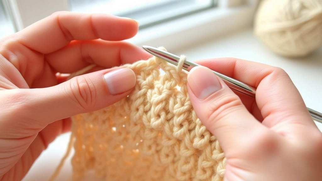 Close-up hands crocheting single crochet stitches with cream worsted yarn, aluminum hook visible, natural window light, clean white workspace, showing proper yarn tension and grip
