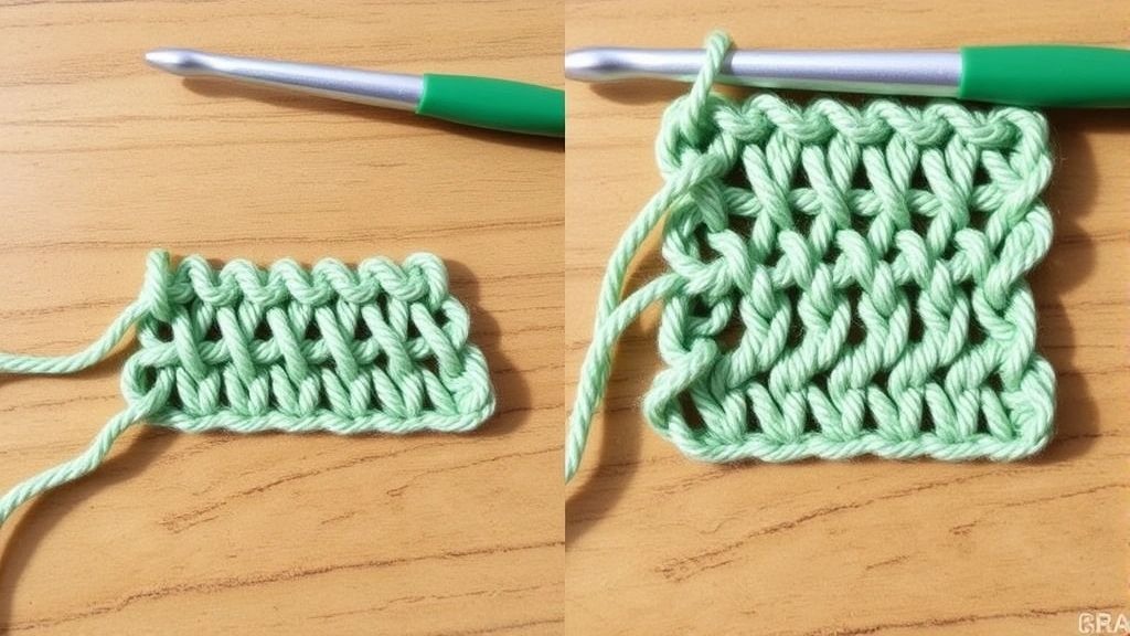 Side by side comparison of tight versus loose crochet tension samples in sage green yarn, wooden table surface, natural lighting, clear stitch definition differences visible