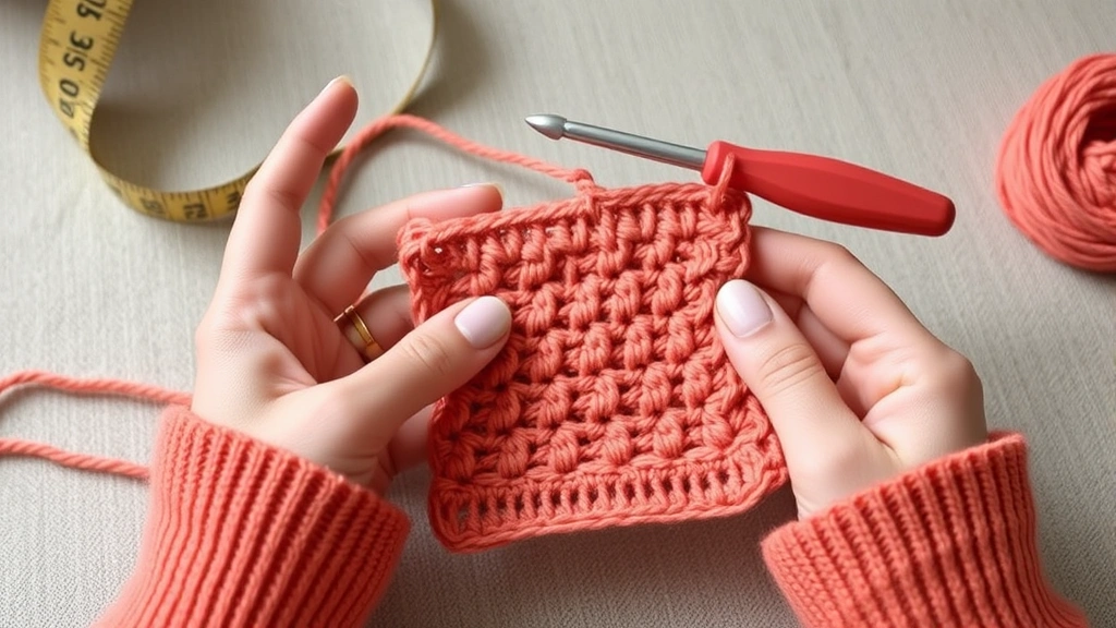 Crocheter's hands working gauge swatch with measuring tape nearby, coral colored DK yarn, ergonomic hook, soft home lighting, partially completed square showing even stitches