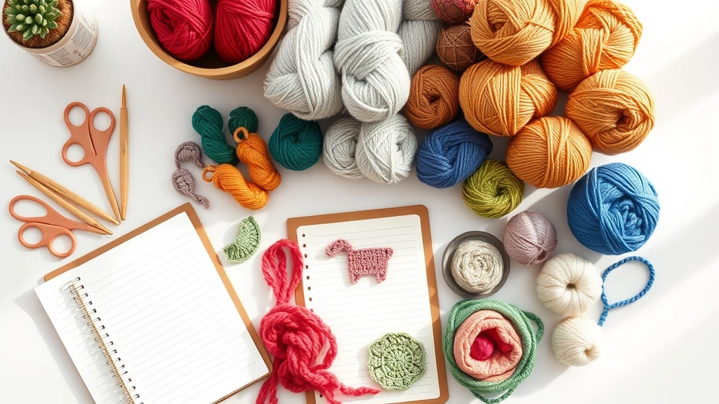 Overhead view of organized craft workspace with colorful yarn skeins, bamboo crochet hooks, finished crochet items, order notebook, natural lighting, clean white desk surface
