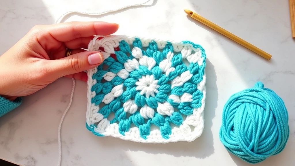 Hands crocheting colorful granny square with white and teal yarn, bamboo hook visible, natural lighting, marble countertop, work in progress showing corner detail