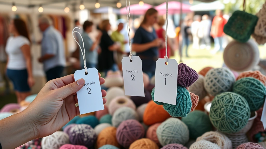 Hands holding price tags attached to beautiful crochet items at craft fair booth, soft outdoor lighting, customers browsing in background, professional display setup