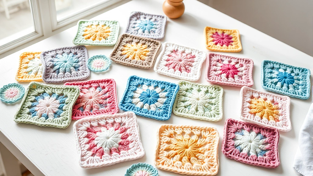 Collection of finished granny squares in pastel colors arranged on white wooden table, soft natural light, showing different sizes and color combinations, cozy crafting setup