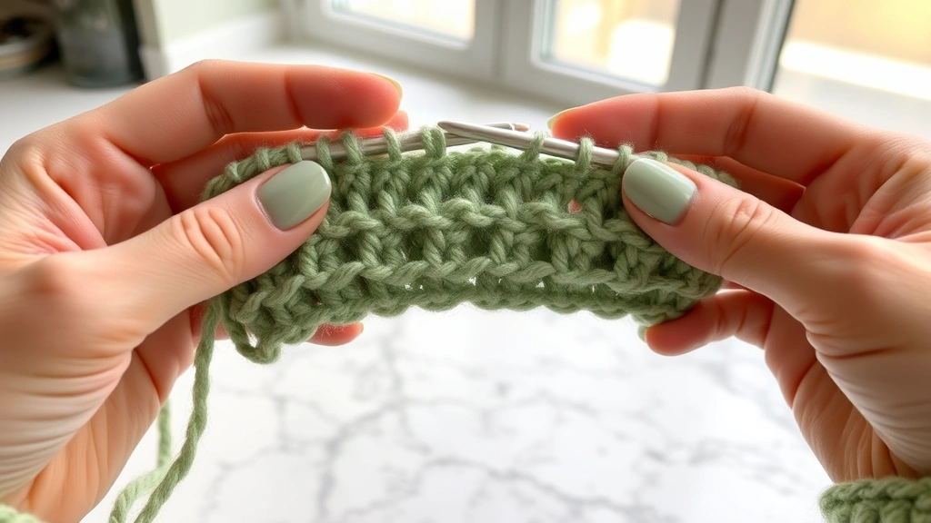 Close-up of hands crocheting consistent even stitches in sage green yarn, showing perfect tension and technique, bright window light, marble countertop, work in progress