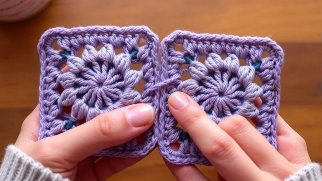 Close-up of joining two granny squares together with single crochet method, hands visible holding squares, warm lighting, showing stitch detail and technique clearly