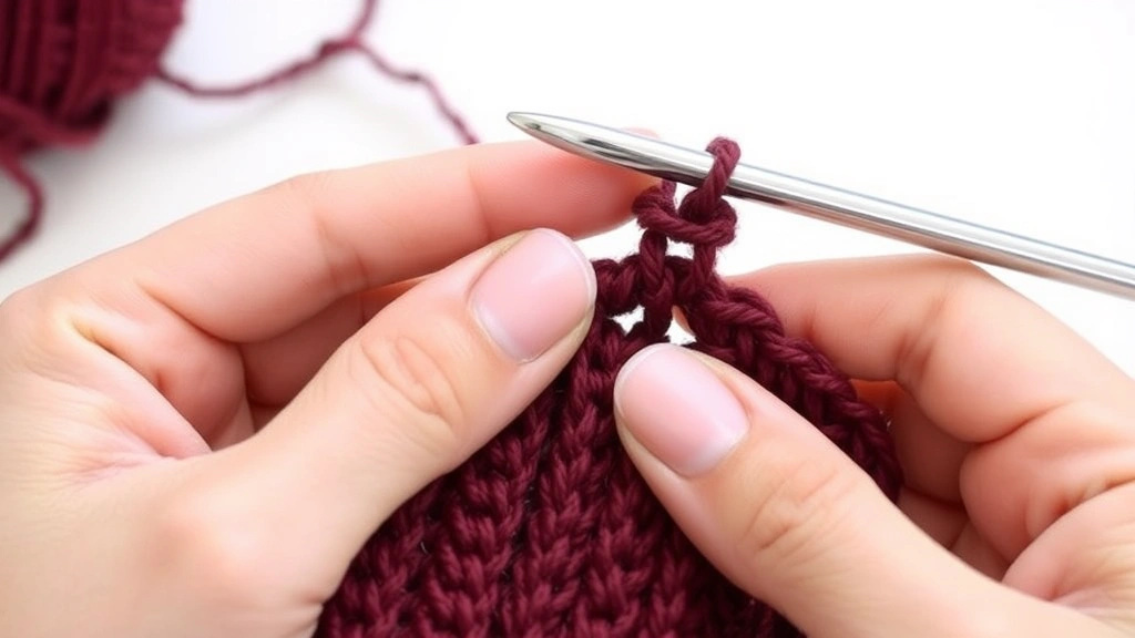 Close-up of hands demonstrating proper yarn tension while crocheting, fingers positioned correctly around working yarn, natural lighting, clean white background, burgundy yarn visible