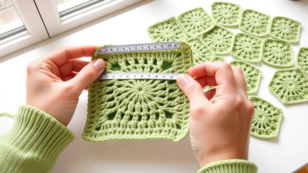 Hands measuring a sage green granny square with white ruler, natural window light, clean white table surface, multiple completed squares visible in background