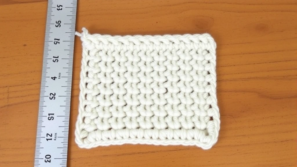 Gauge swatch being measured with ruler, even double crochet stitches in cream colored worsted weight yarn, measuring tape showing 4-inch square, wooden table surface