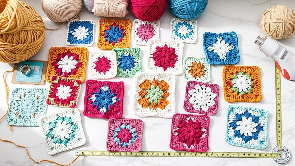 Collection of granny squares in various sizes arranged on marble surface, different yarn weights displayed, measuring tape beside squares, soft natural lighting, crafting atmosphere