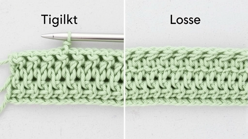 Side-by-side comparison of tight versus loose crochet tension samples, same stitch pattern in sage green yarn, different fabric drape clearly visible, neutral background