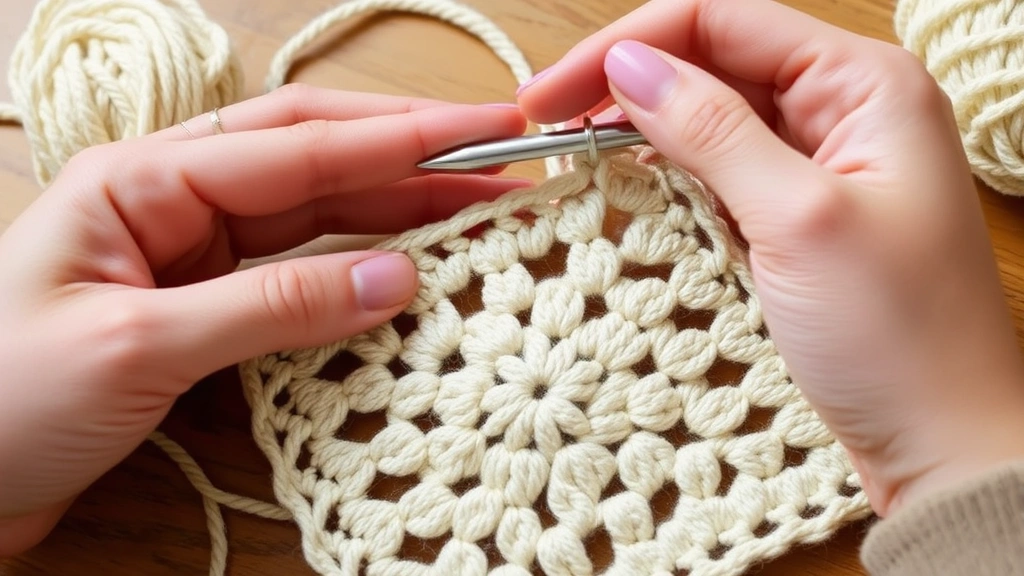 Close-up of hands crocheting corner of traditional granny square, worsted weight yarn in cream color, aluminum hook visible, work in progress on wooden table