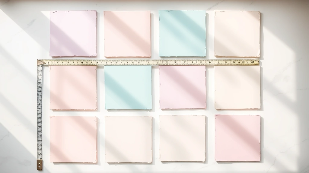 Overhead view of multiple cranny squares in soft pastels laid on white marble surface, measuring tape showing consistent 5-inch dimensions, natural window lighting