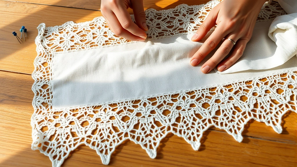 Hands pinning damp white lace shawl to blocking mats, T-pins visible, soft natural lighting, wooden table surface, partially blocked intricate pattern emerging