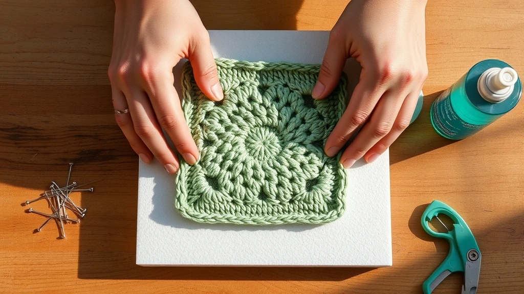 Close-up hands blocking a sage green granny square on foam board with stainless pins, spray bottle nearby, wooden table surface, afternoon light