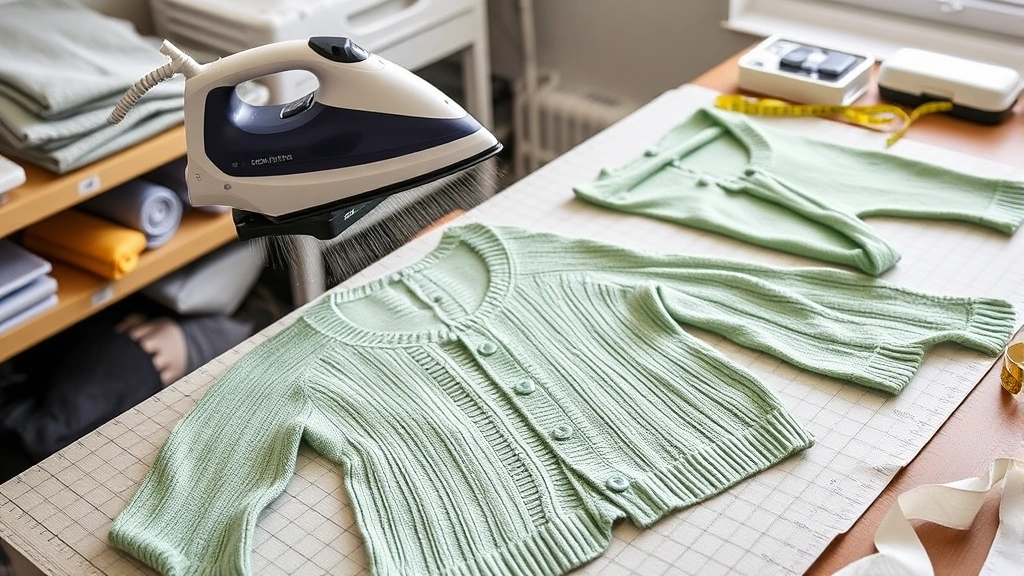 Steam iron hovering over pinned sage green cardigan pieces on blocking mats, gentle steam visible, craft room setting, measuring tape nearby, professional blocking setup