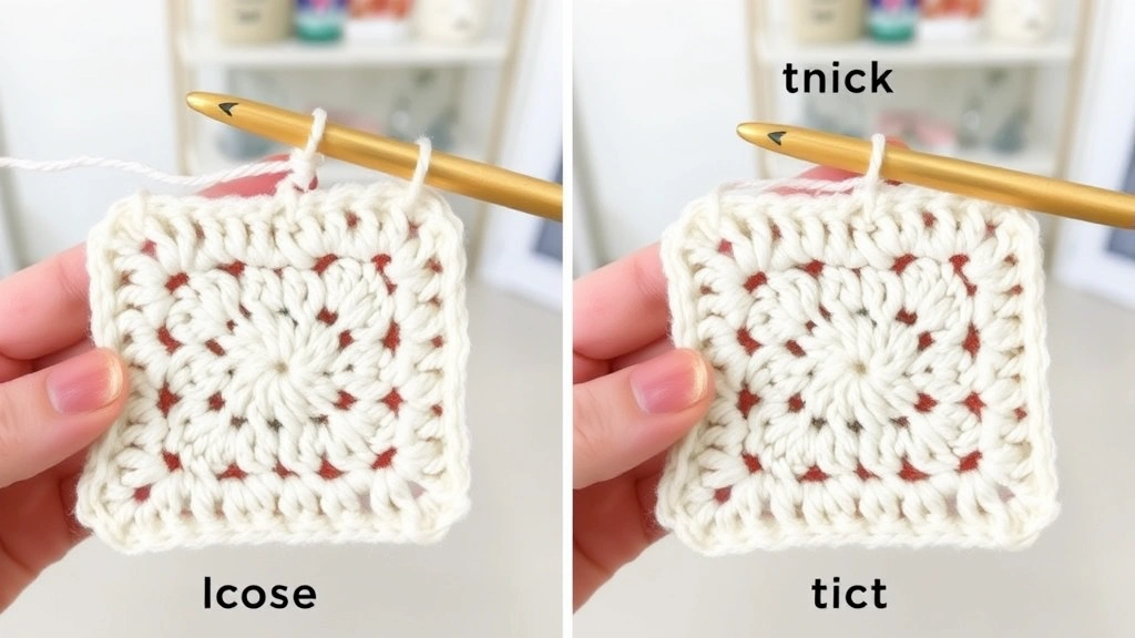 Side-by-side comparison of loose and tight tension crochet squares in cream yarn, bamboo hook visible, clean craft room background, demonstrating size difference