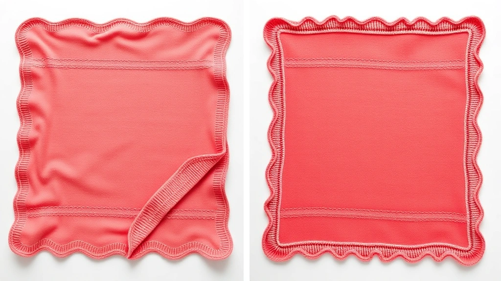 Before and after comparison of coral baby blanket, left side unblocked with wavy edges, right side perfectly blocked and square, bright clean background
