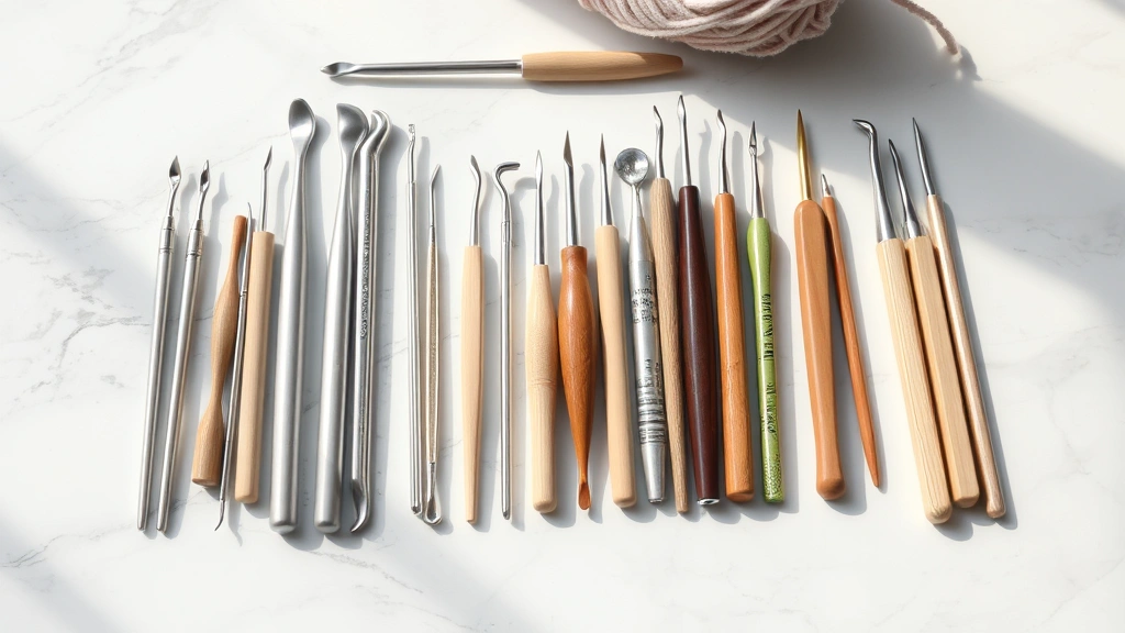 Collection of various crochet hooks in different sizes arranged on white marble surface, natural daylight, aluminum and bamboo hooks visible, size labels clear, crafting workspace aesthetic