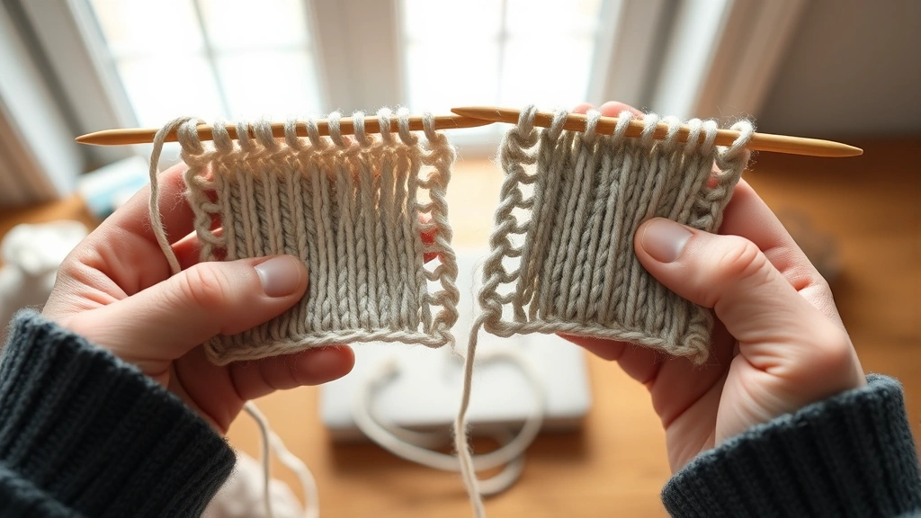 Close-up hands holding two fabric swatches made with same yarn different hook sizes, showing texture difference, soft window lighting, wooden table background, comparison demonstration